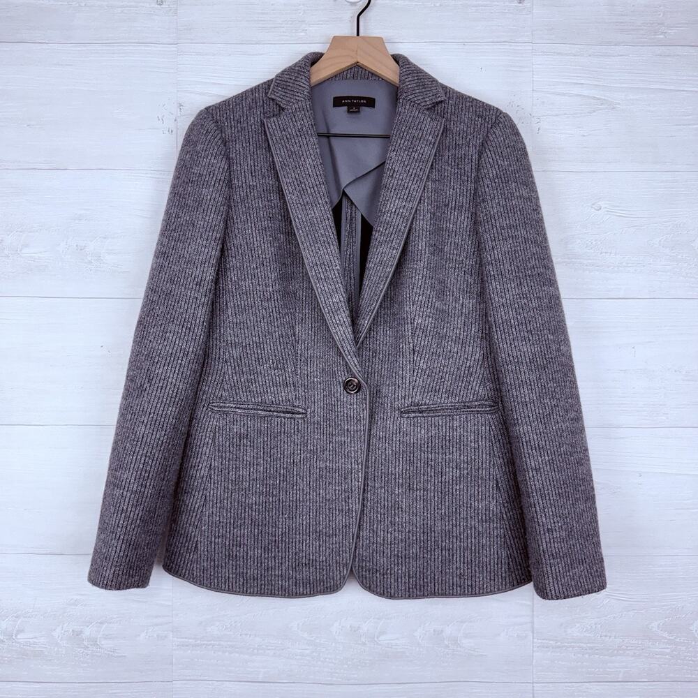 Ann‎ Taylor Hutton Blazer Size 4 Gray Brushed Wool Ribbed Knit Classic Chic